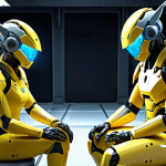 **Prompt:** A Miniforce hero, possibly Volt, in a moment of quiet introspection or vulnerability, sitting amidst futuristic training equipment or a battle-worn environment. Another teammate offers a comforting hand or stands in supportive silence. The scene emphasizes their inner struggles and emotional depth, showing resilience and growth beyond just physical strength. The lighting is soft and reflective, highlighting their detailed robotic-animal suits. High-quality 3D animation, expressive faces, poignant atmosphere.