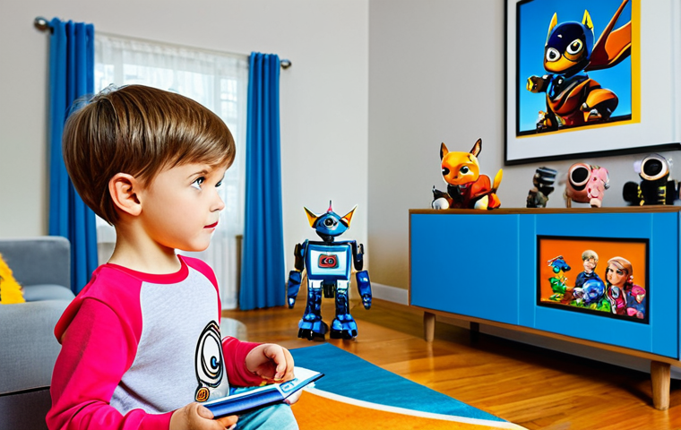 A young child, fully clothed in modest, comfortable attire, wide-eyed with wonder, watching a vibrant animated scene of Mini Force characters. In the background, Bolt, Sammy, Lucy, and Max are depicted in both their small animal forms and their powerful robot transformations, symbolizing potential and courage. The scene is set in a bright, modern living room with soft, natural lighting. The child is engrossed, reflecting the inspiring message of the show, safe for work, appropriate content, fully clothed, family-friendly, perfect anatomy, correct proportions, natural pose, well-formed hands, proper finger count, natural body proportions, professional photography, high quality, vibrant colors, detailed.