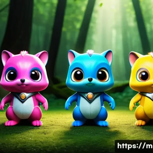 Home 14 미니특공대 스토리 전개 과정 - A dynamic 3D animated scene depicting four adorable animal characters – a blue squirrel, a yellow ow...