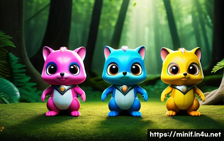 미니특공대 스토리 전개 과정 - A dynamic 3D animated scene depicting four adorable animal characters – a blue squirrel, a yellow ow...